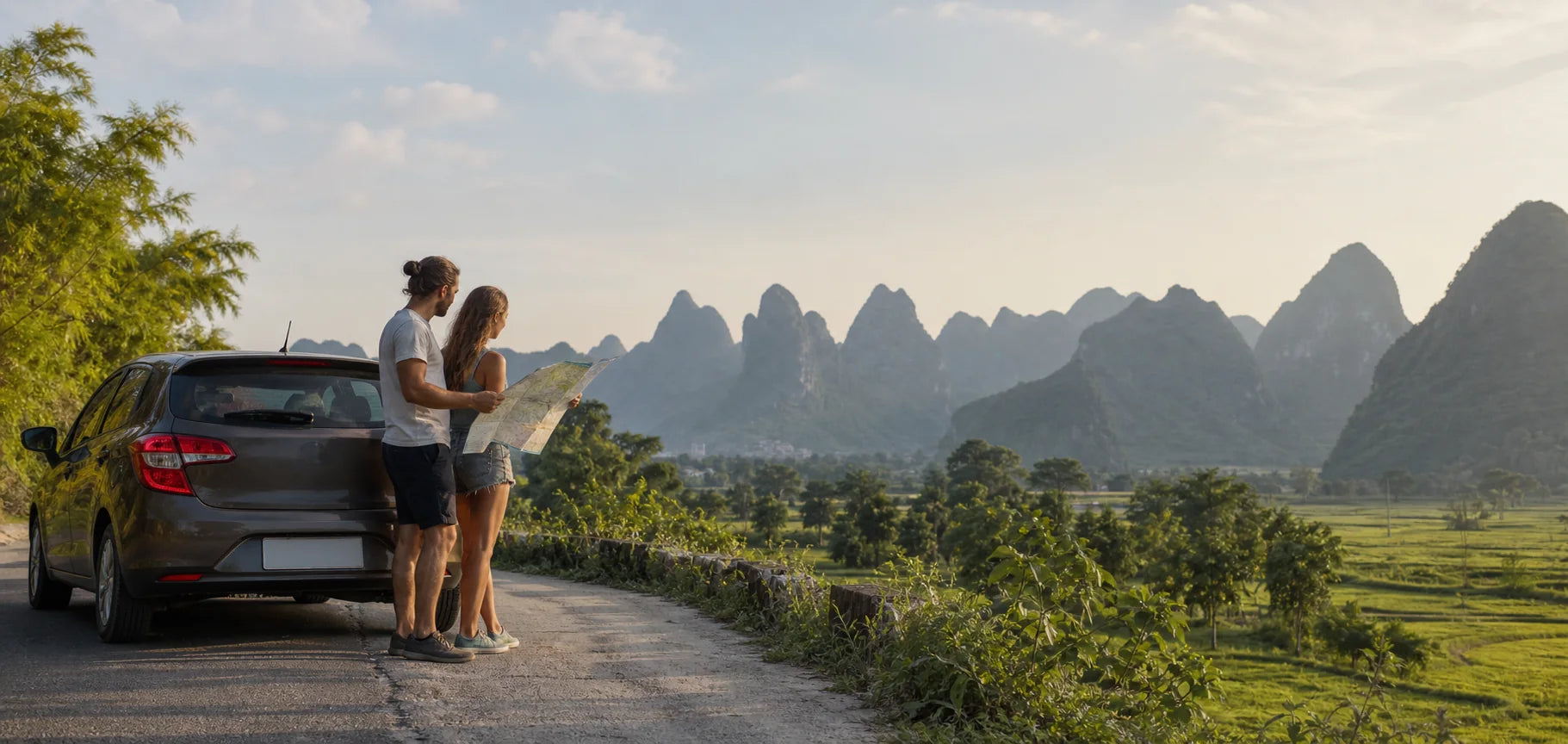 International travelers planning a road trip through rural China