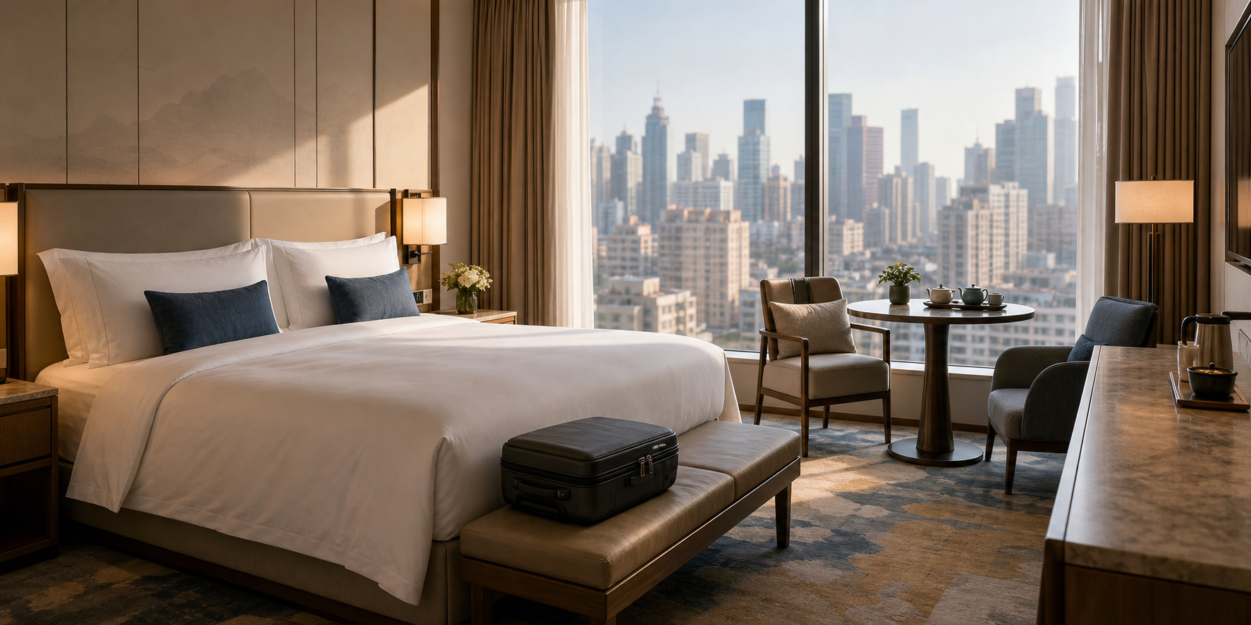 Contemporary hotel room overlooking a modern Chinese city