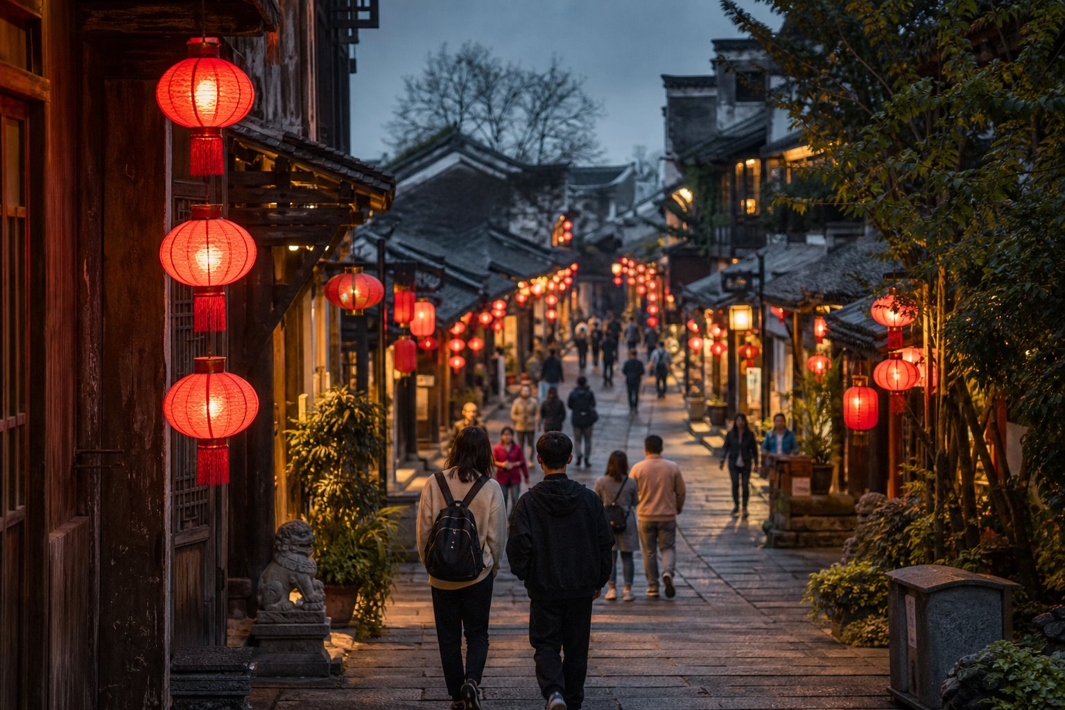A historic Chinese pedestrian street illuminated by red lanterns at dusk