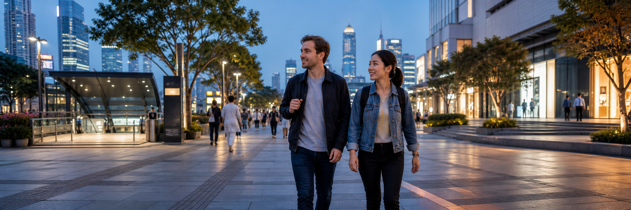 International visitors walking through a modern Chinese city in the evening